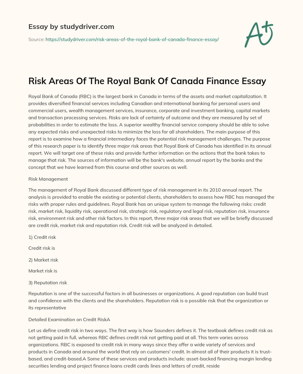 Risk Areas of the Royal Bank of Canada Finance Essay essay