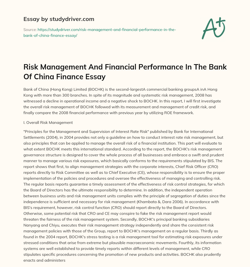Risk Management and Financial Performance in the Bank of China Finance Essay essay