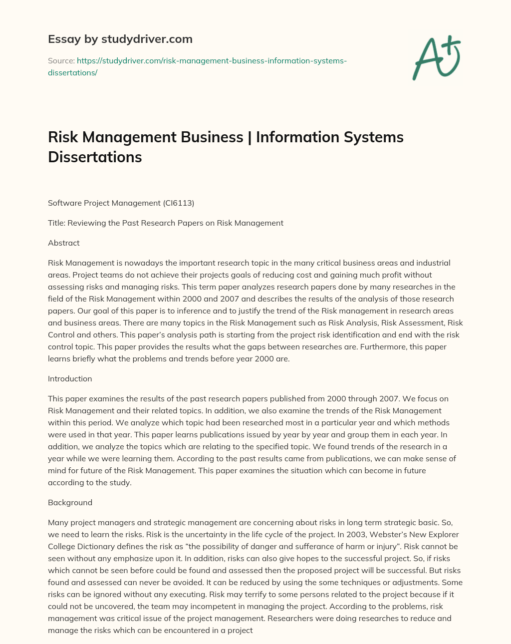 Risk Management Business | Information Systems Dissertations essay
