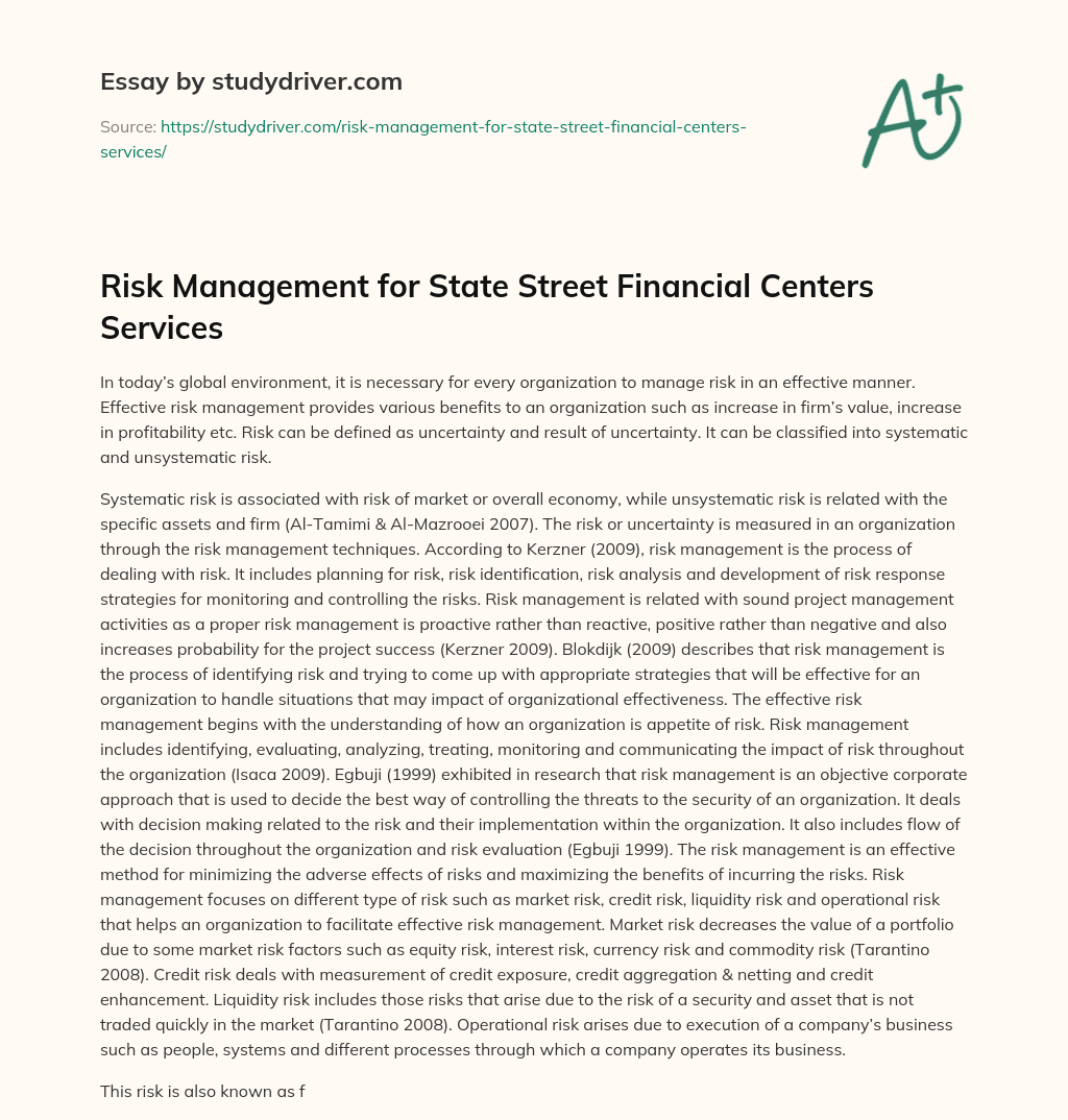 Risk Management for State Street Financial Centers Services essay