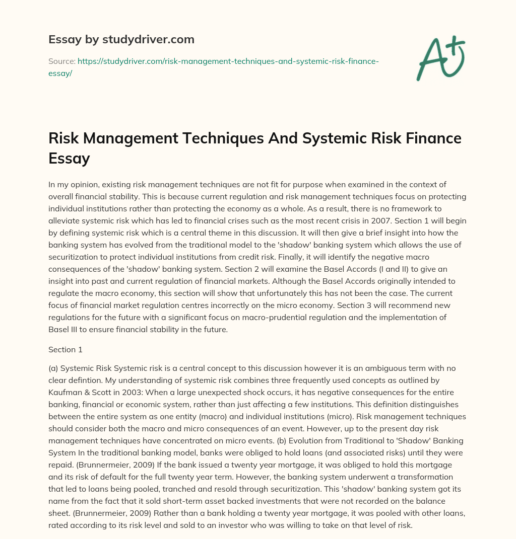 Risk Management Techniques and Systemic Risk Finance Essay essay