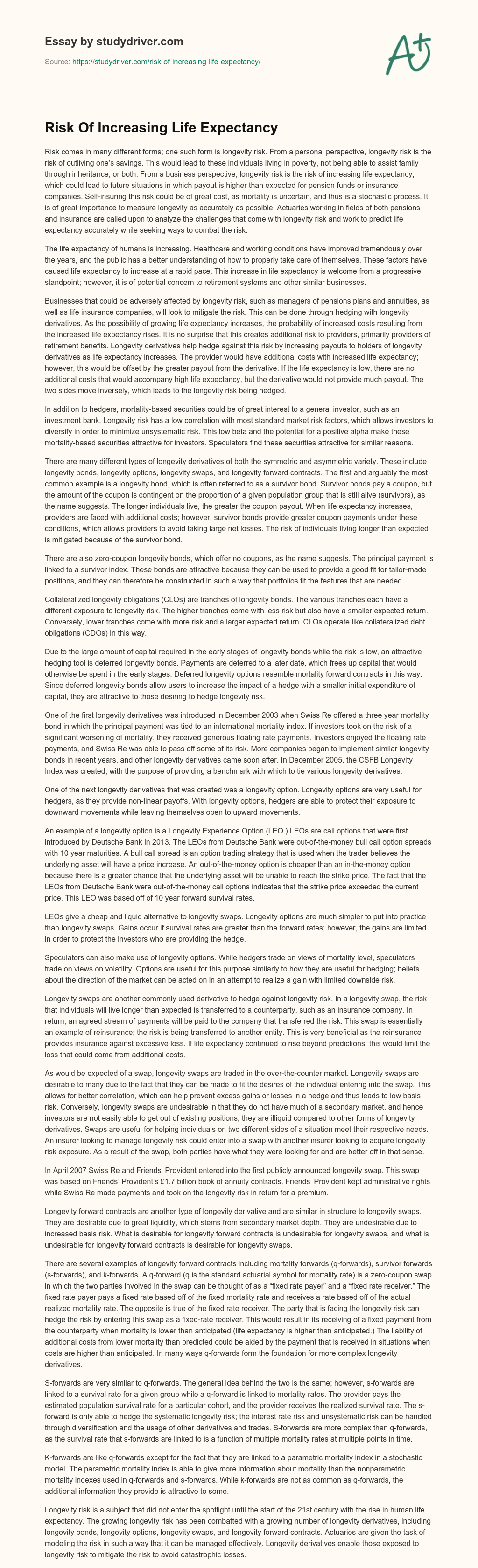 Risk of Increasing Life Expectancy essay