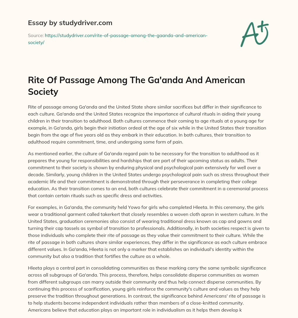 Rite of Passage Among the Ga’anda and American Society essay