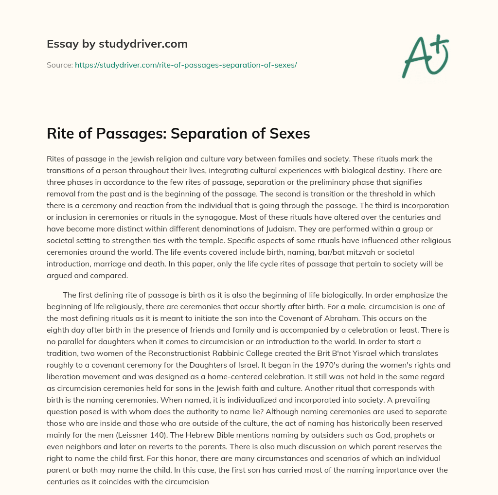Rite of Passages: Separation of Sexes essay