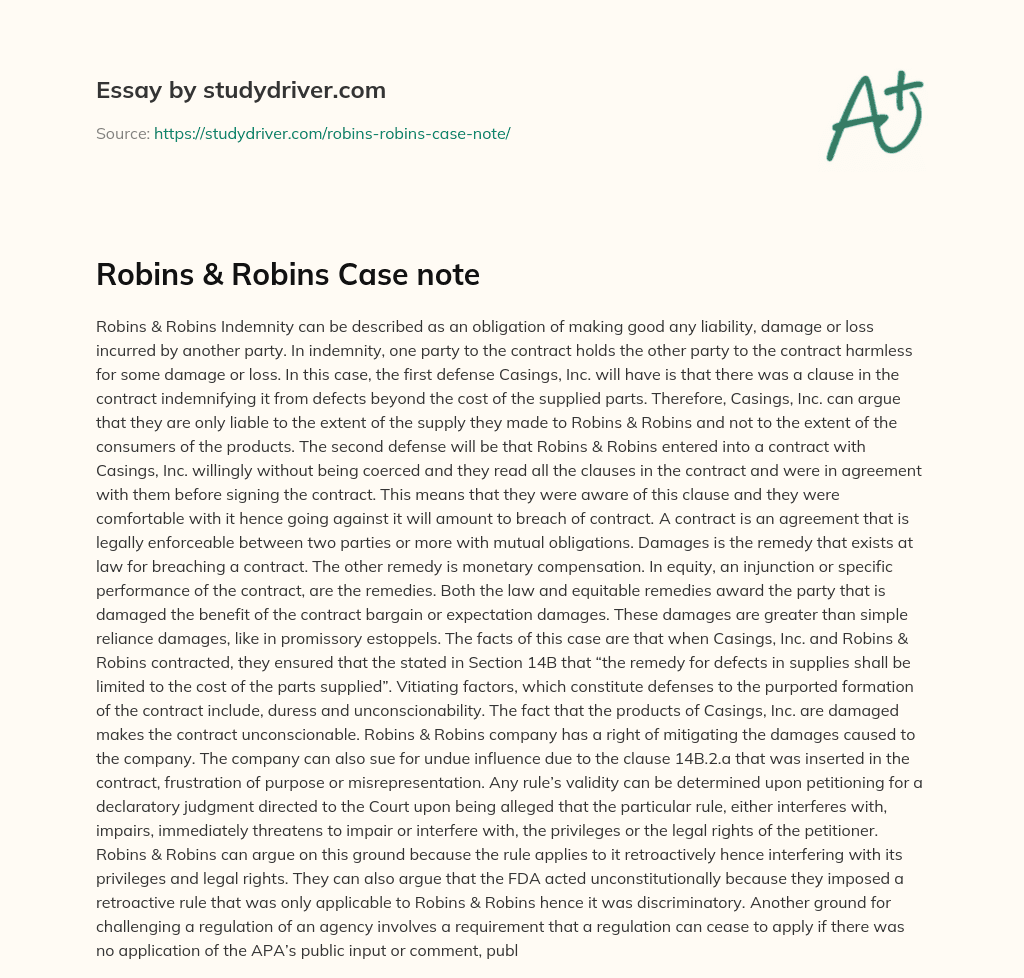 Robins & Robins Case Note essay