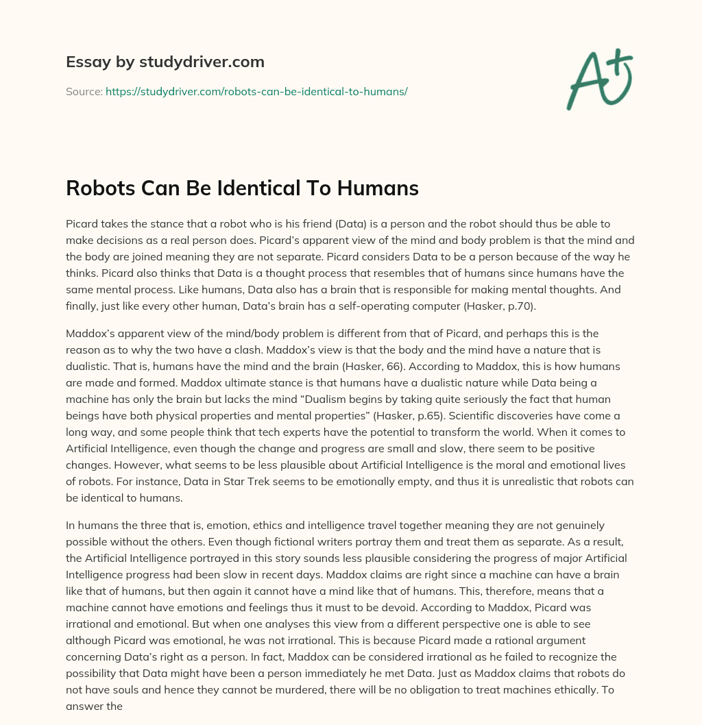Robots Can be Identical to Humans essay