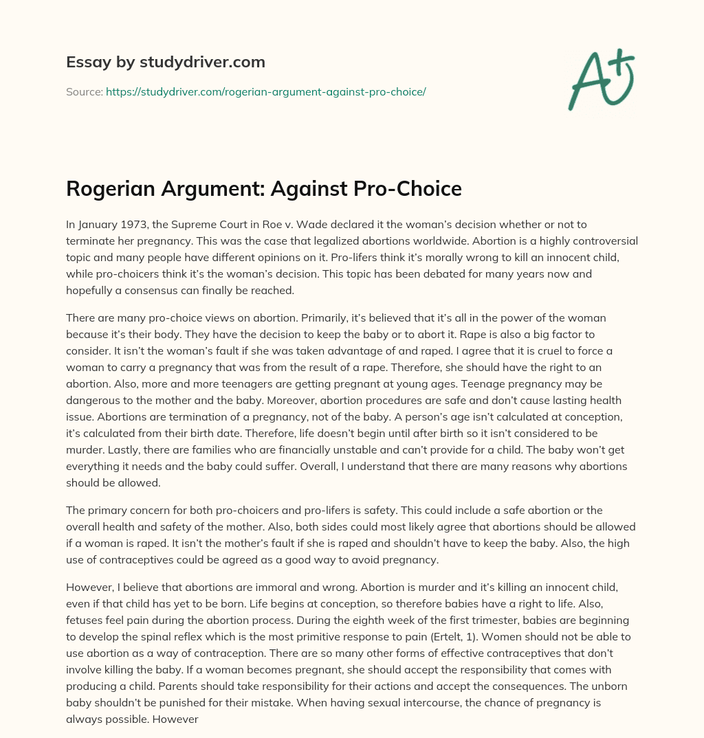 Rogerian Argument: against Pro-Choice essay