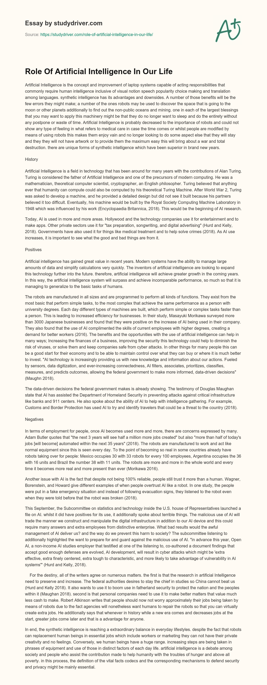 Role of Artificial Intelligence in our Life essay