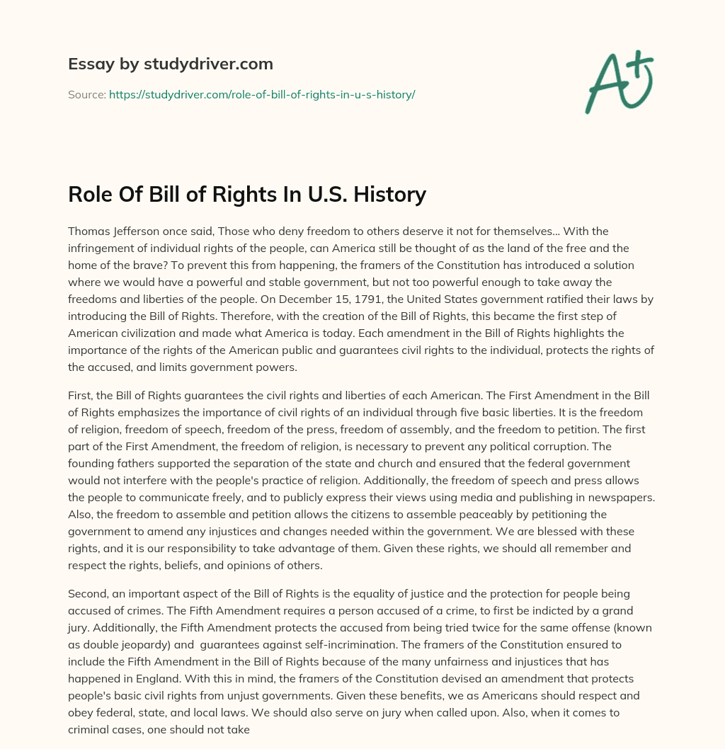 Role of Bill of Rights in U.S. History essay