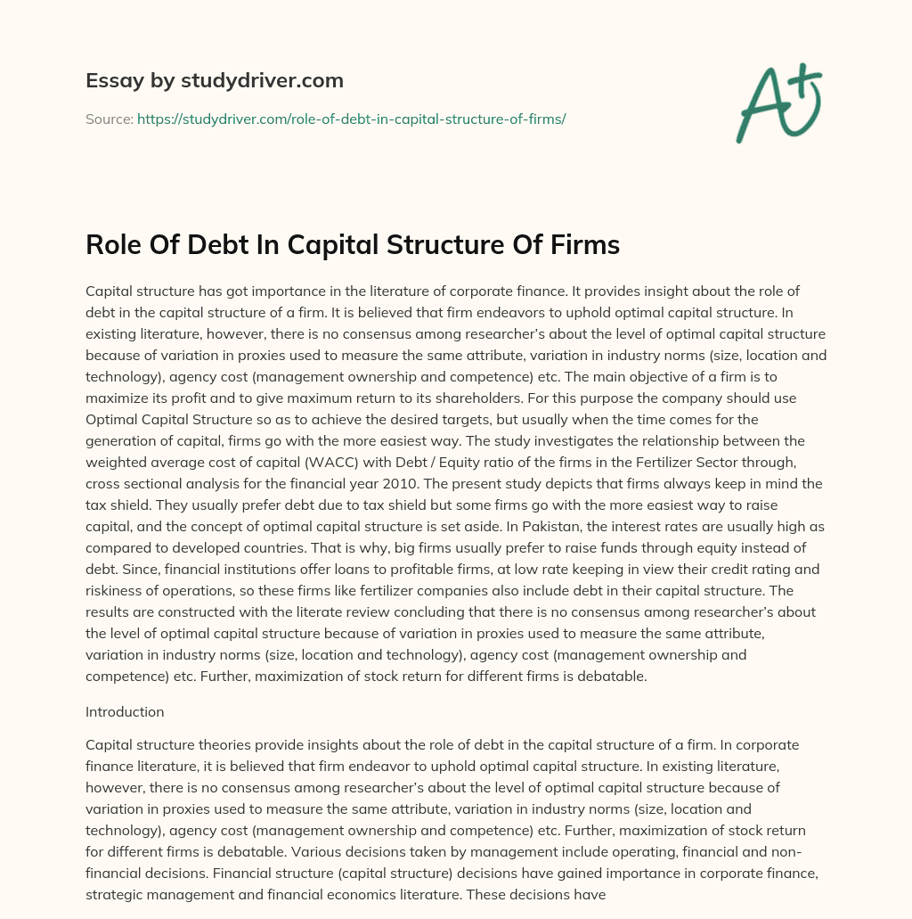 Role of Debt in Capital Structure of Firms essay