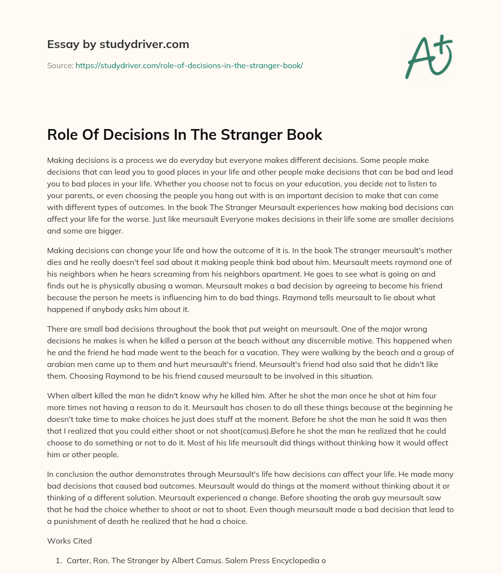 Role of Decisions in the Stranger Book essay