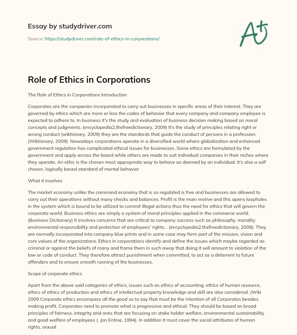 Role of Ethics in Corporations essay