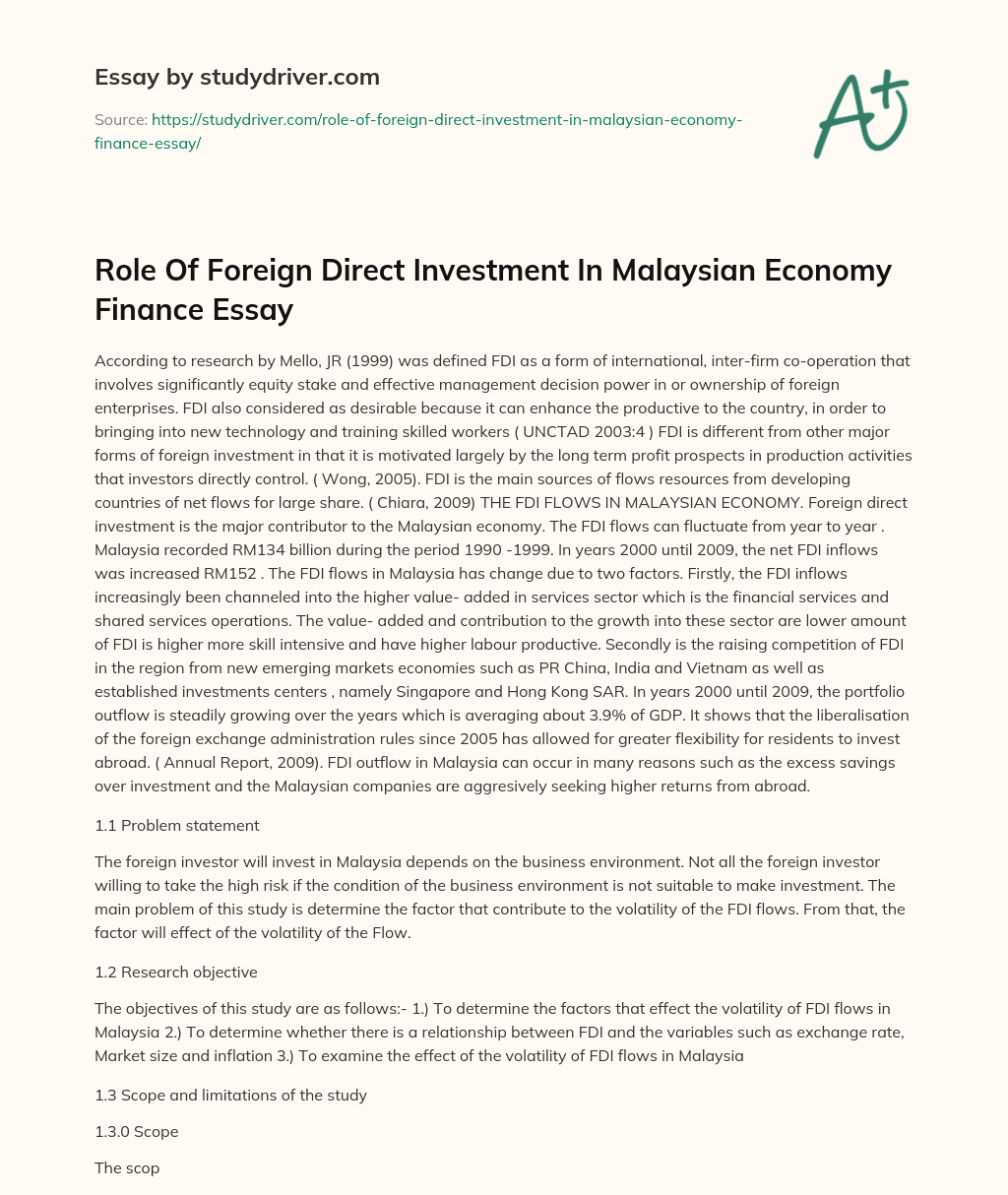 Role of Foreign Direct Investment in Malaysian Economy Finance Essay essay