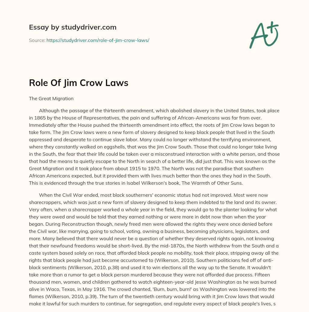 Role of Jim Crow Laws essay