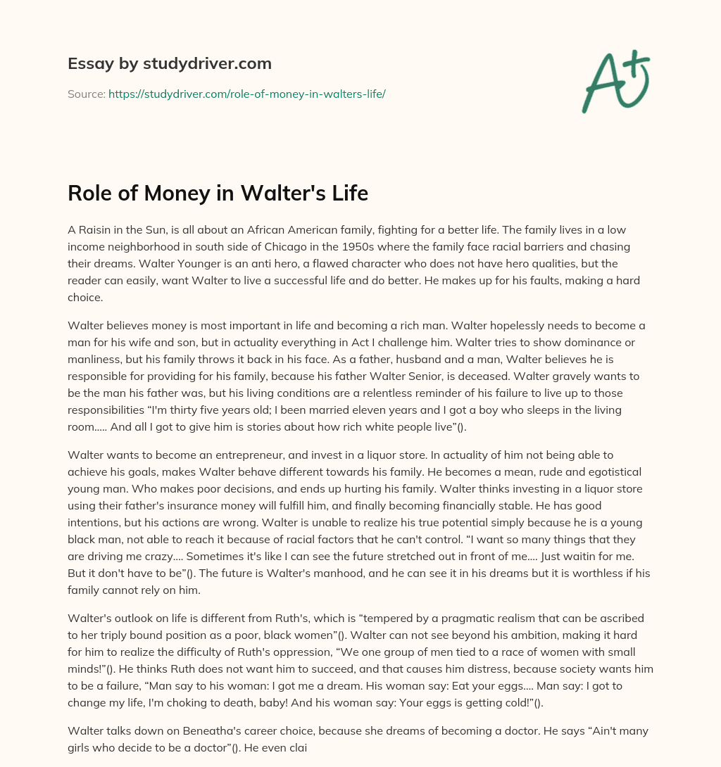 Role of Money in Walter’s Life essay