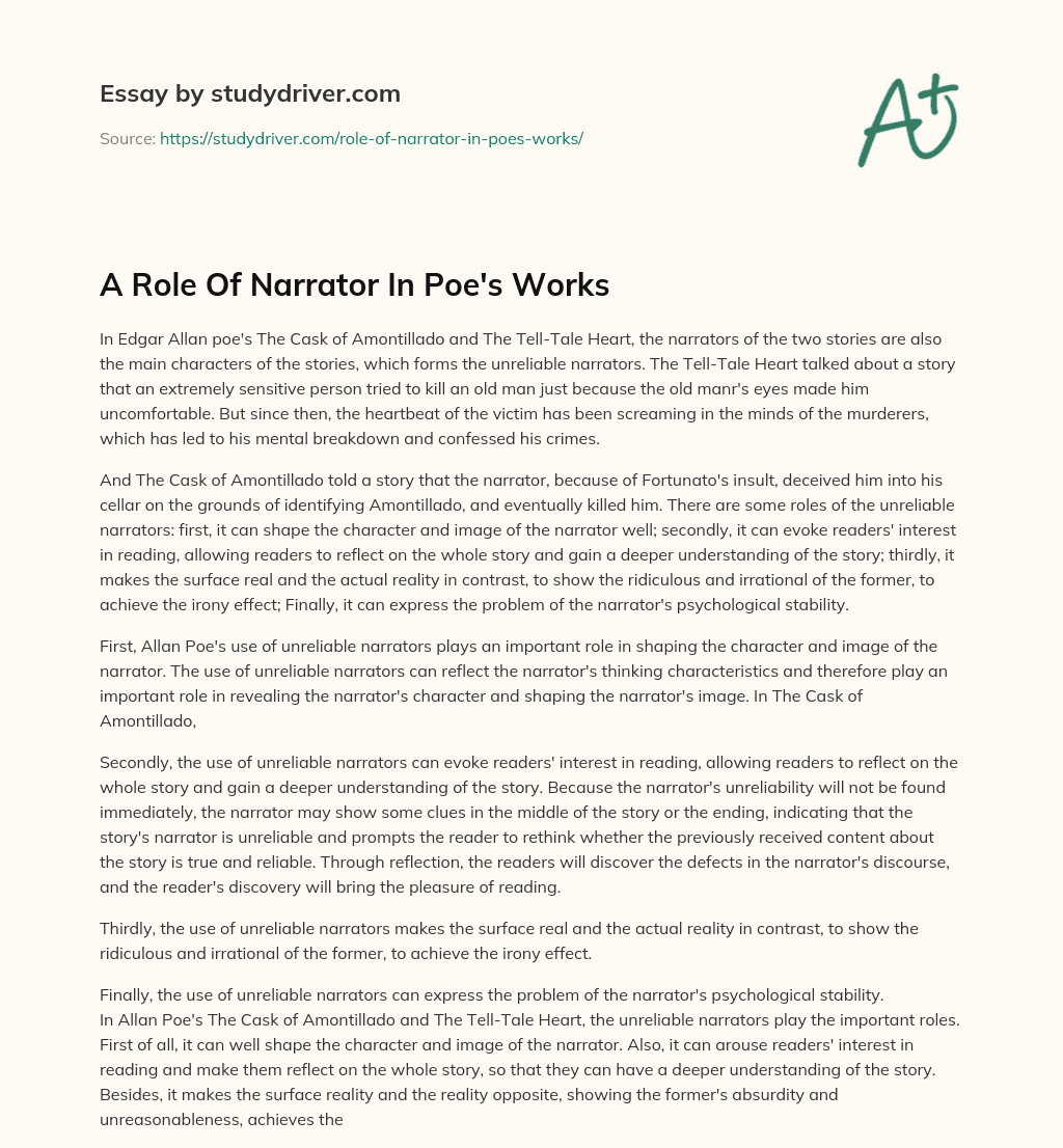A Role of Narrator in Poe’s Works essay