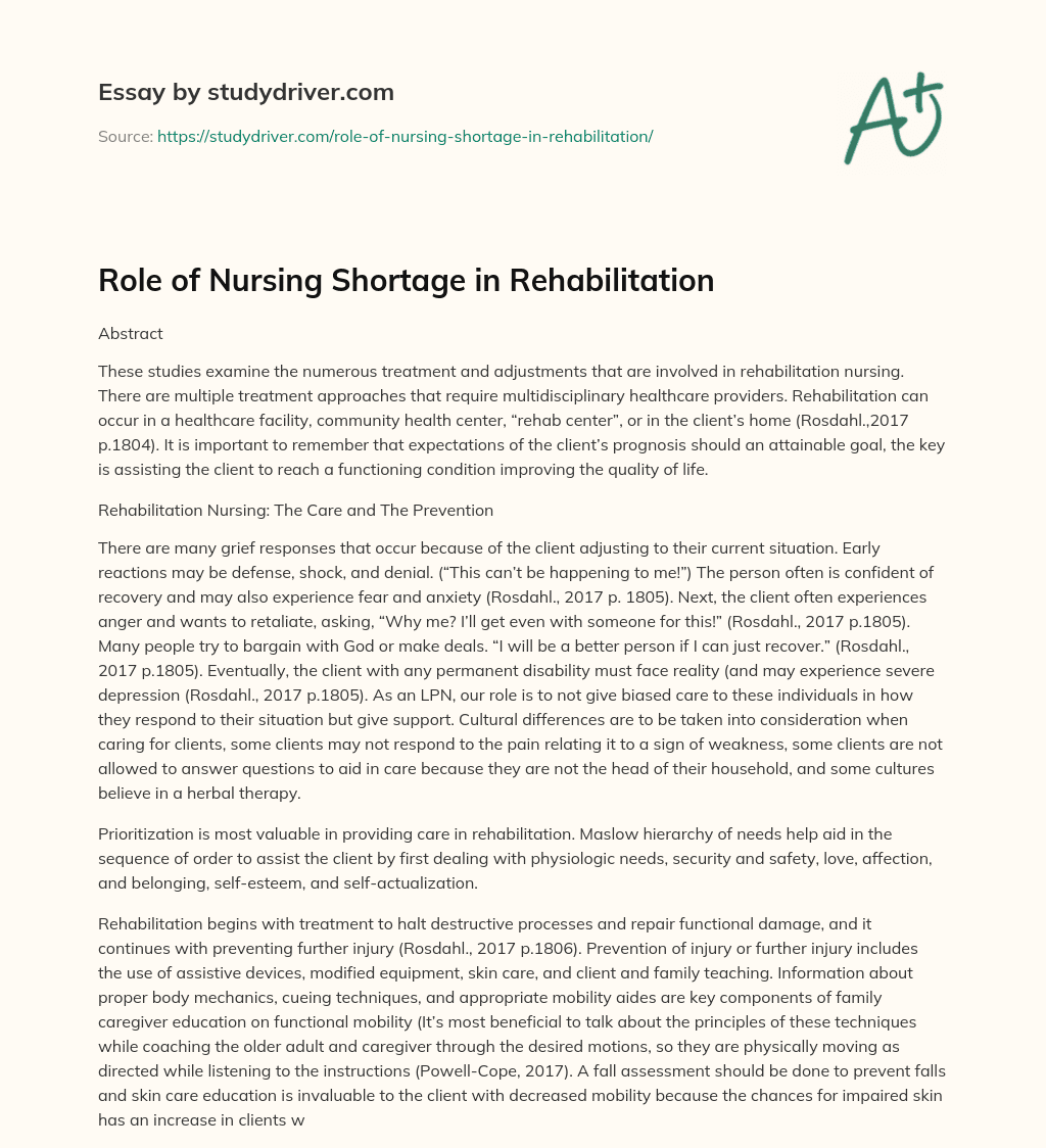 Role of Nursing Shortage in Rehabilitation essay