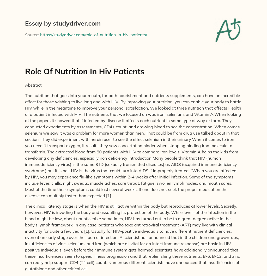 Role of Nutrition in Hiv Patients essay
