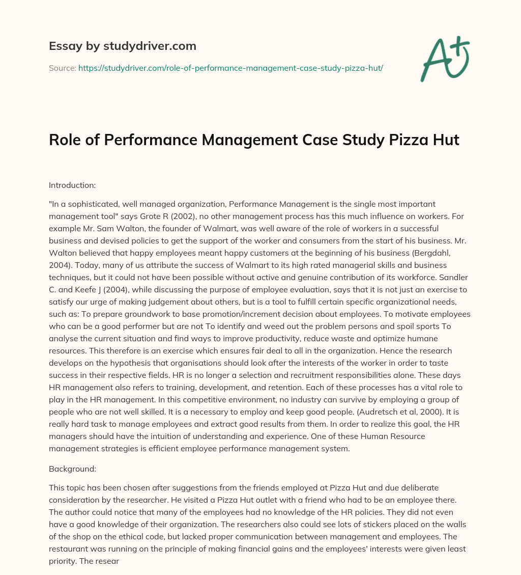Role of Performance Management Case Study Pizza Hut essay