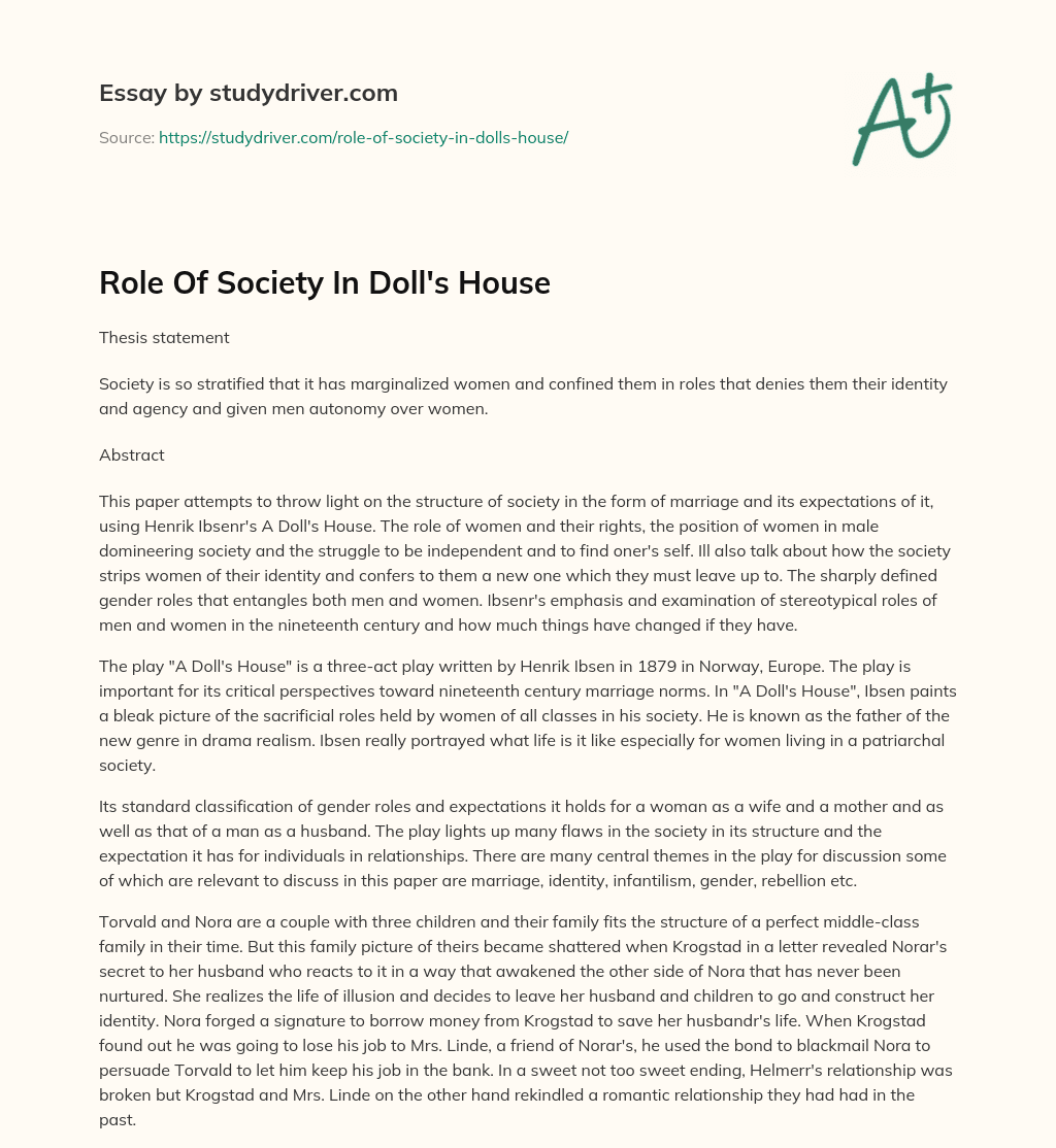 Role of Society in Doll’s House essay