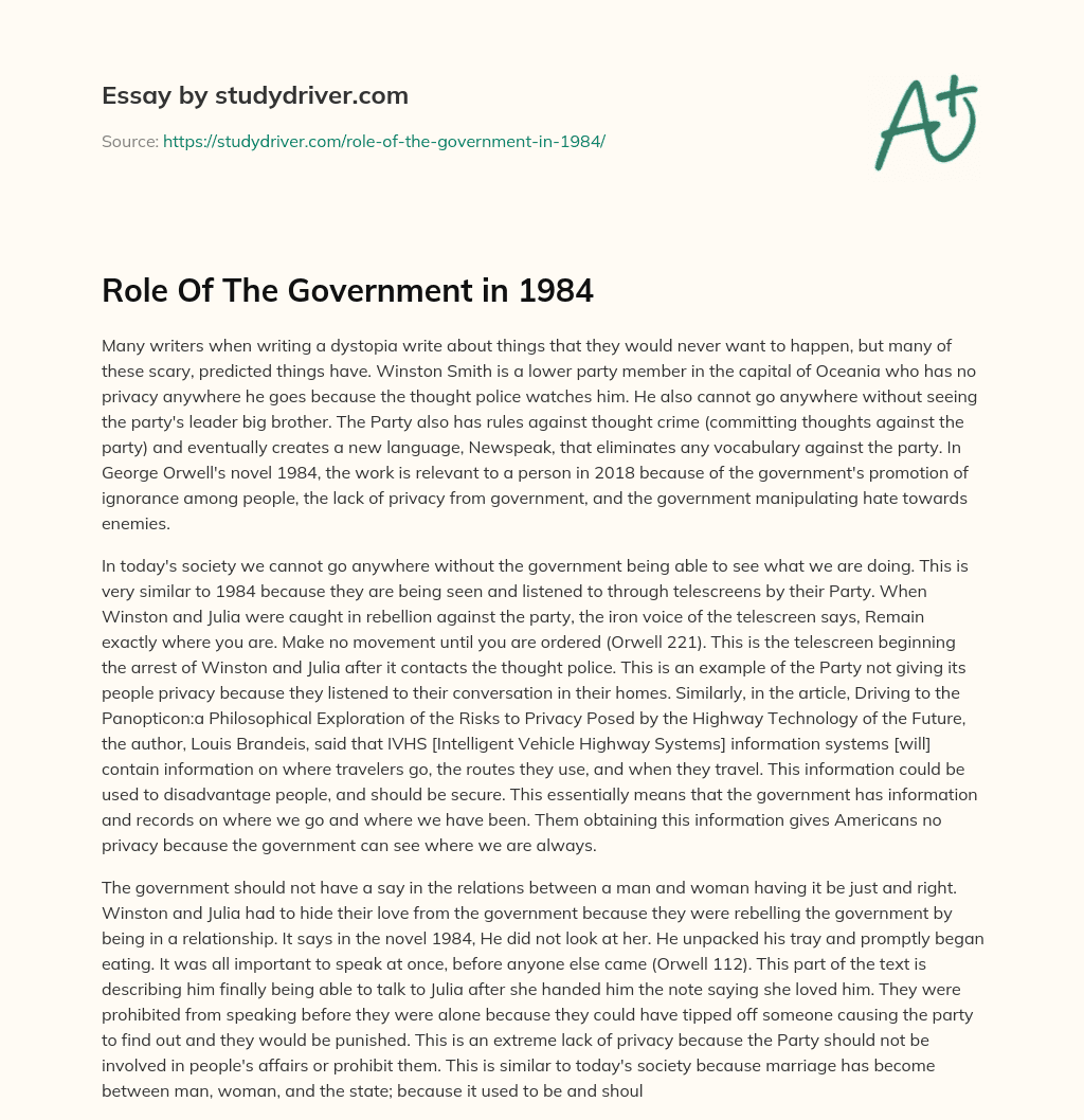 Role of the Government in 1984 essay