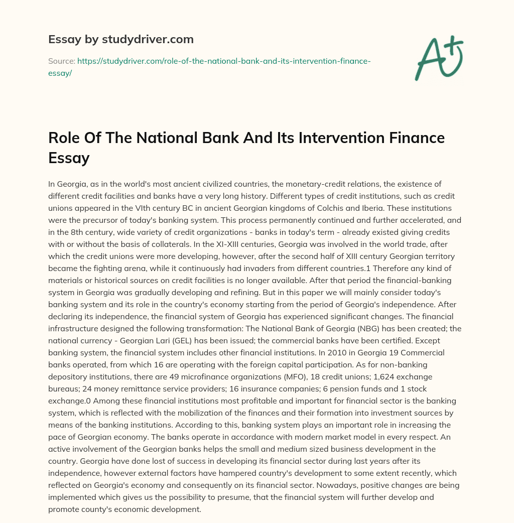Role of the National Bank and its Intervention Finance Essay essay