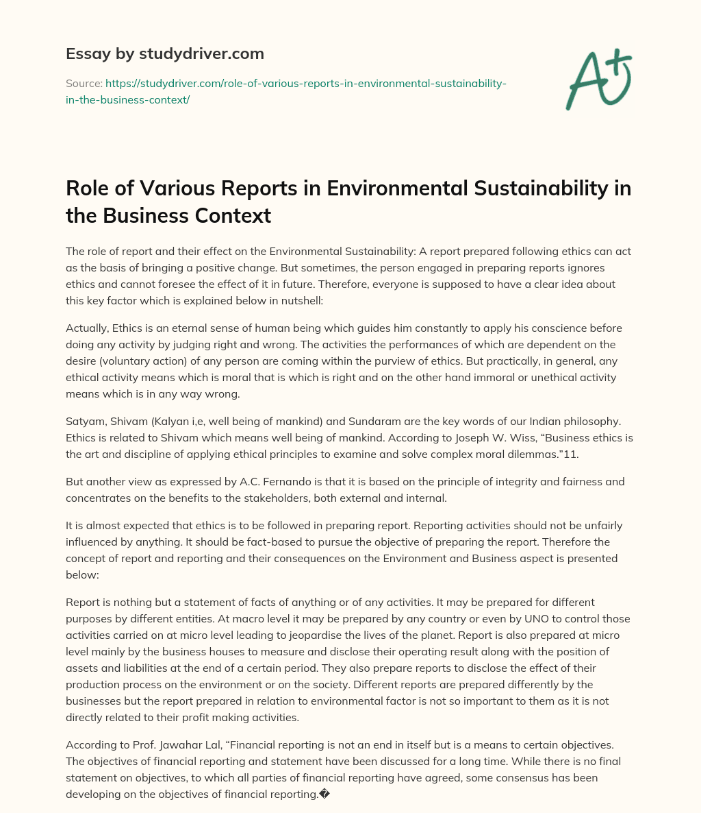 Role of Various Reports in Environmental Sustainability in the Business Context essay