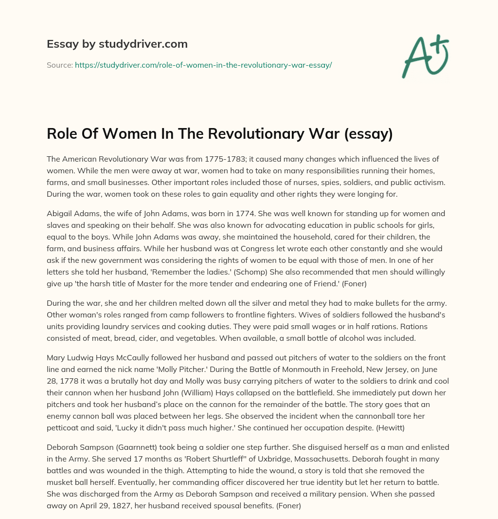 Role of Women in the Revolutionary War (essay) essay
