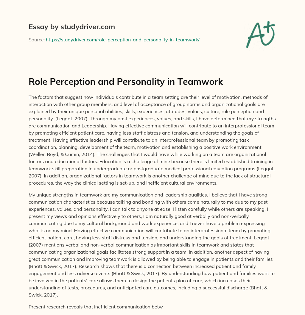 Role Perception and Personality in Teamwork essay