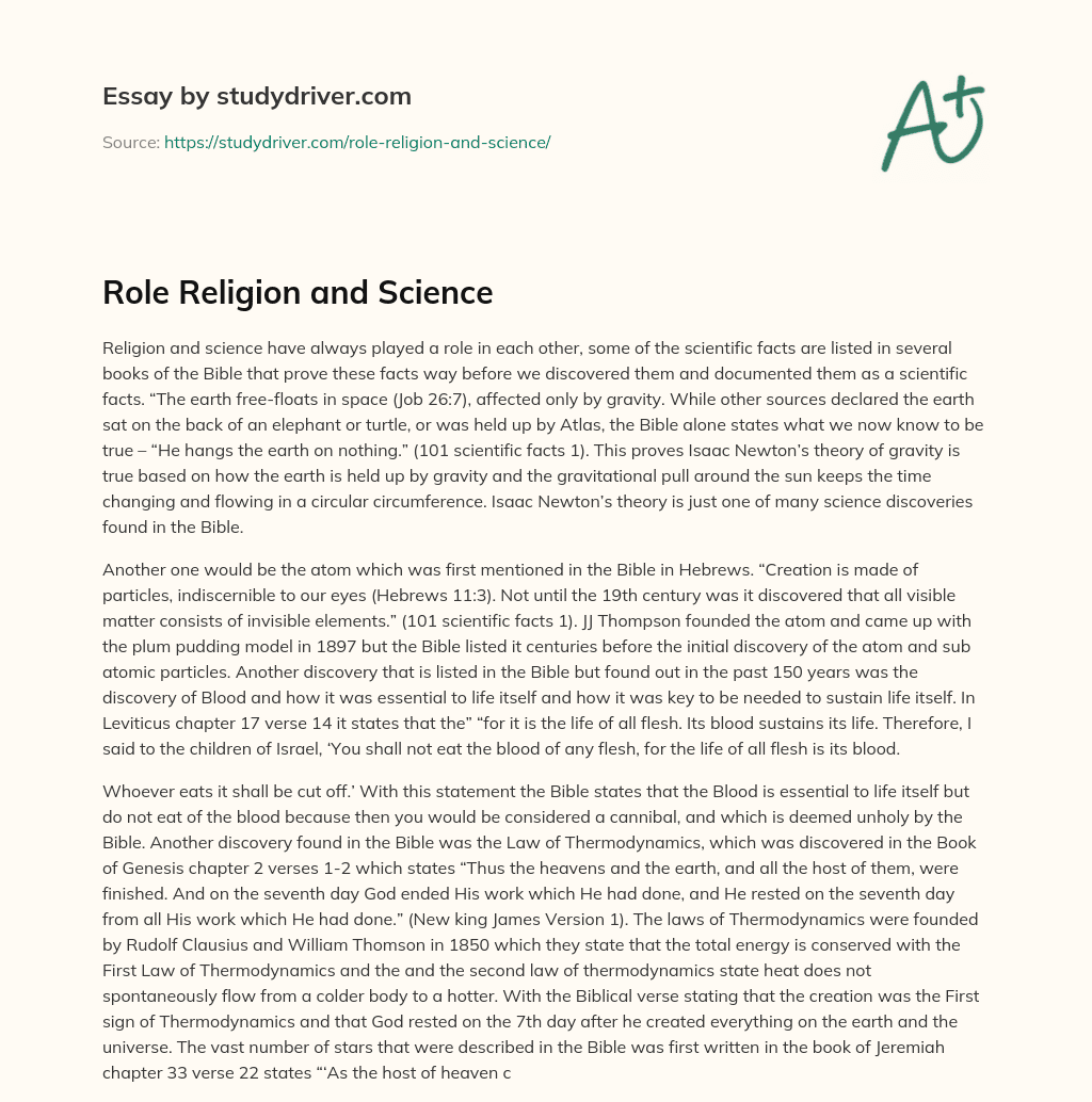 Role Religion and Science essay