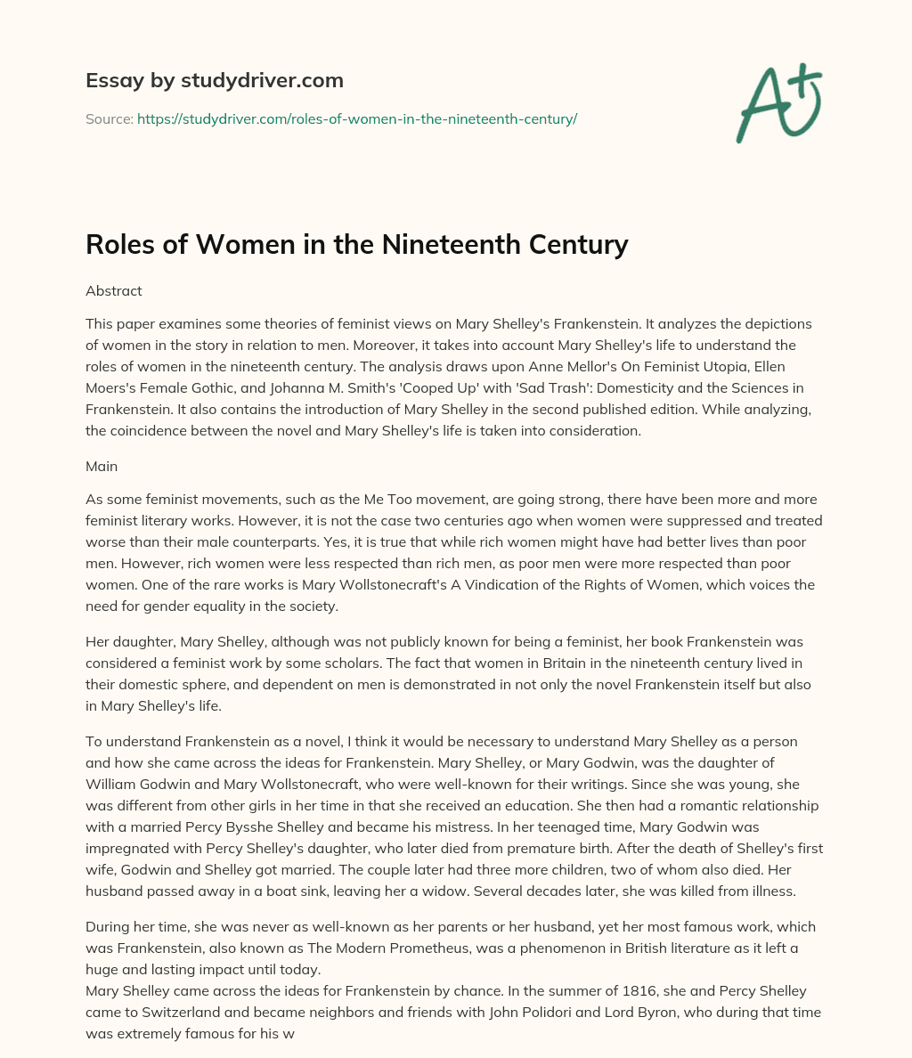 Roles of Women in the Nineteenth Century essay