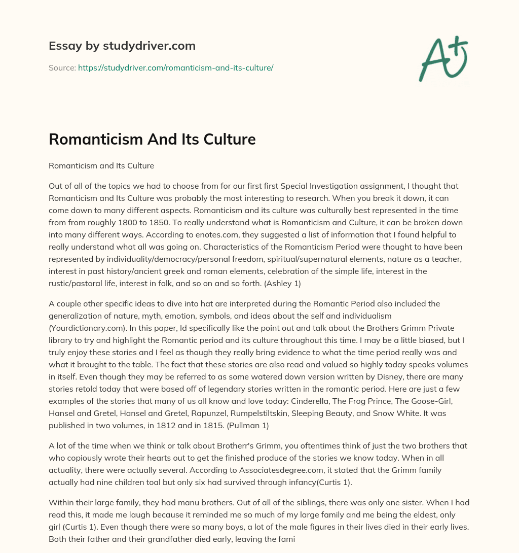 Romanticism and its Culture essay