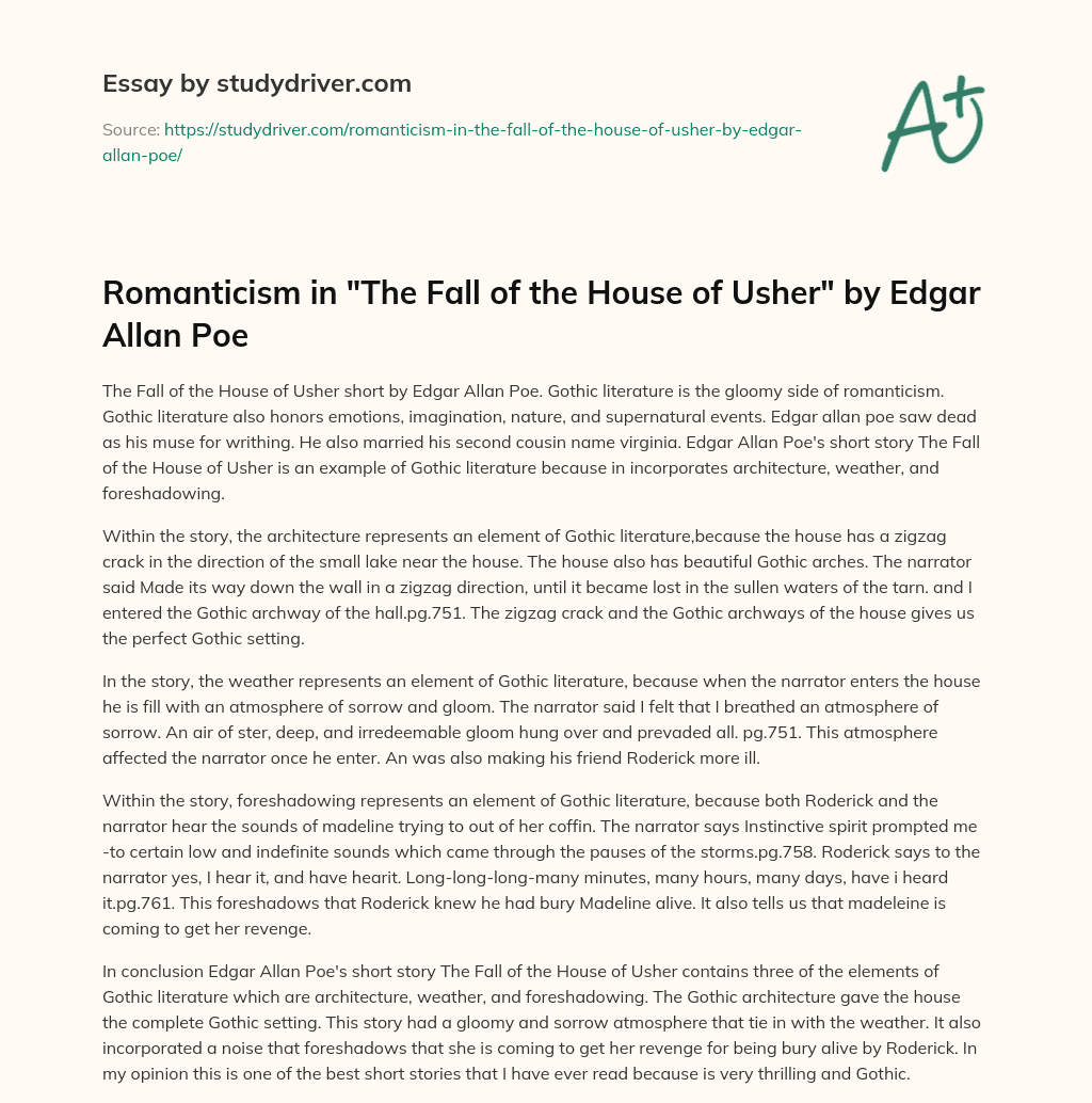Romanticism in “The Fall of the House of Usher” by Edgar Allan Poe essay