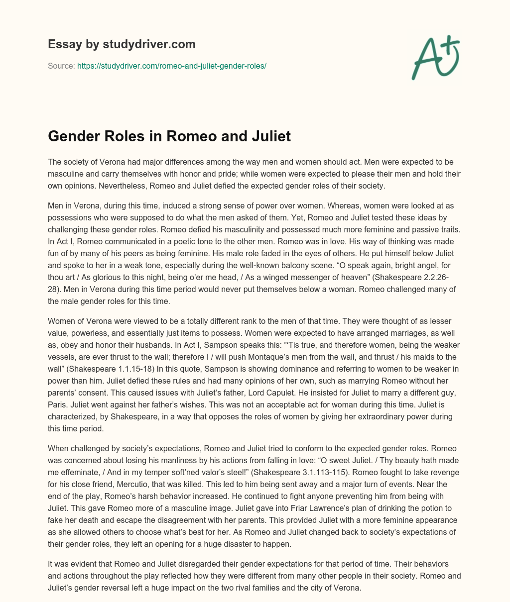 Gender Roles in Romeo and Juliet essay