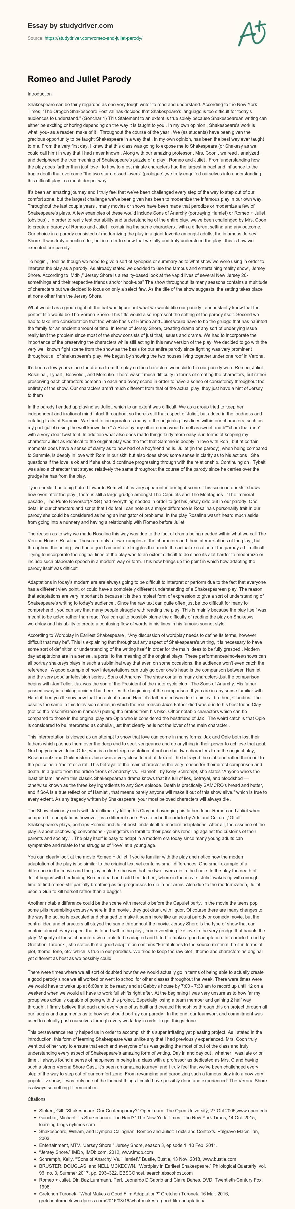 Romeo and Juliet Parody essay