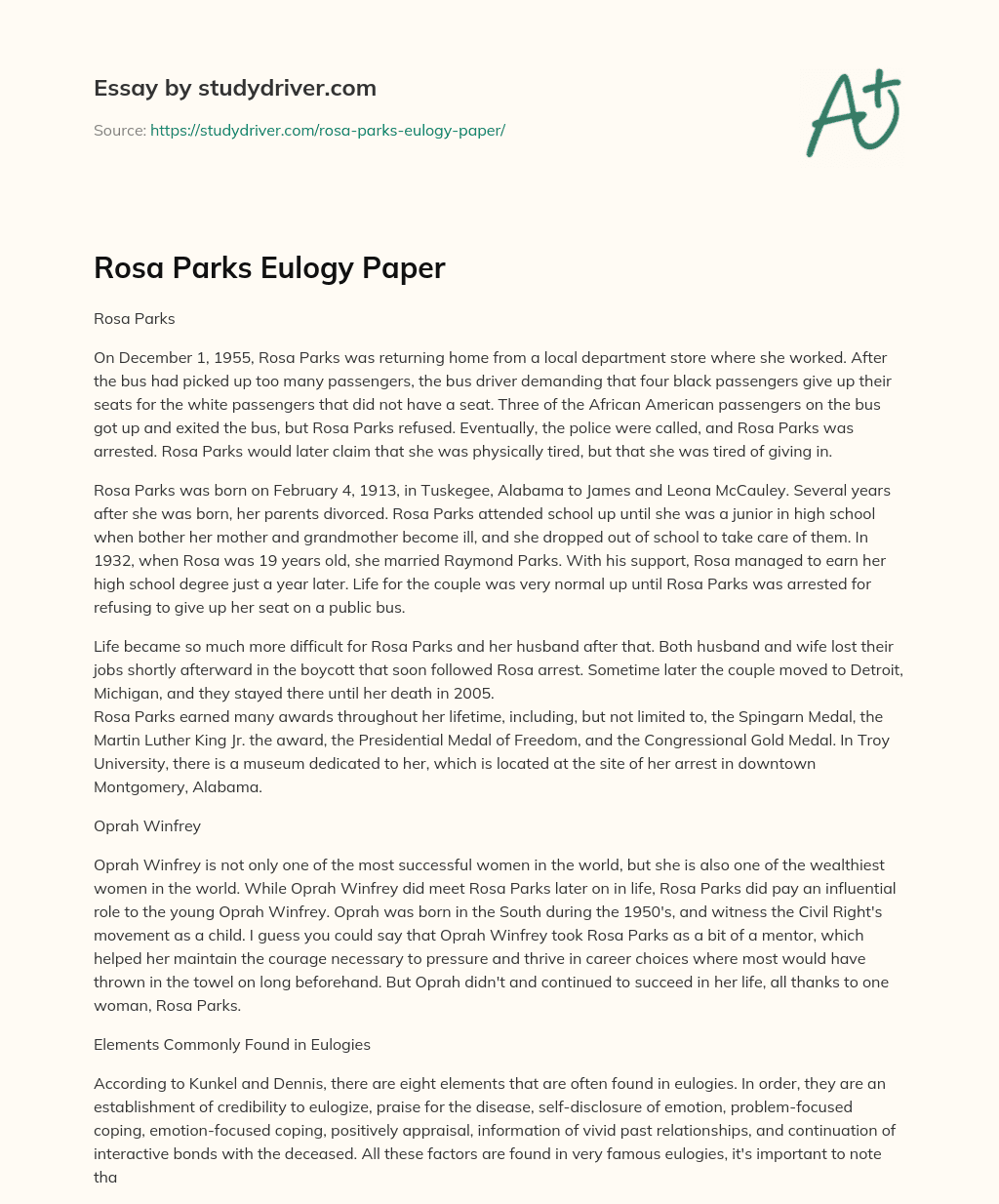 Rosa Parks Eulogy Paper essay