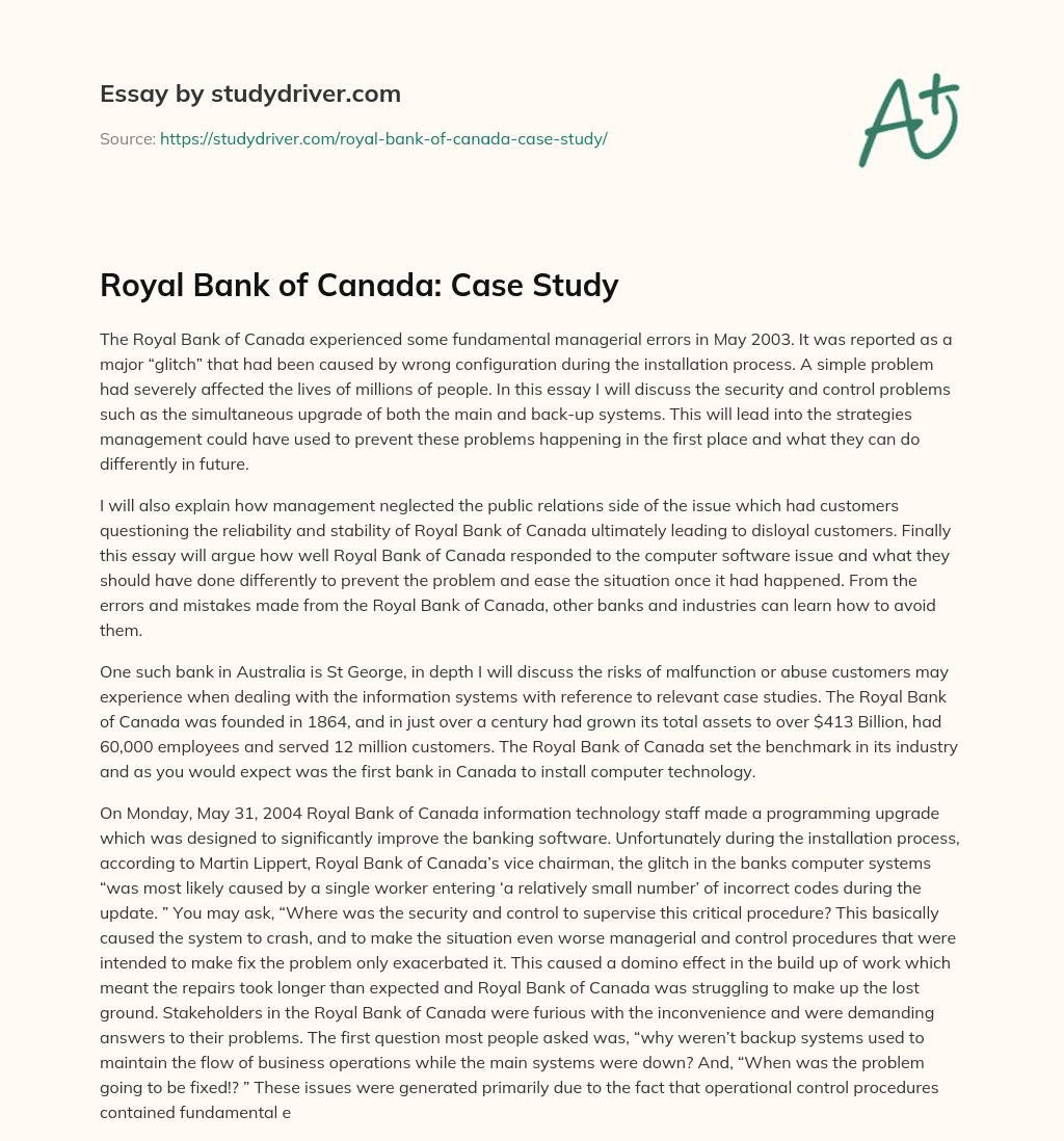 Royal Bank of Canada: Case Study essay