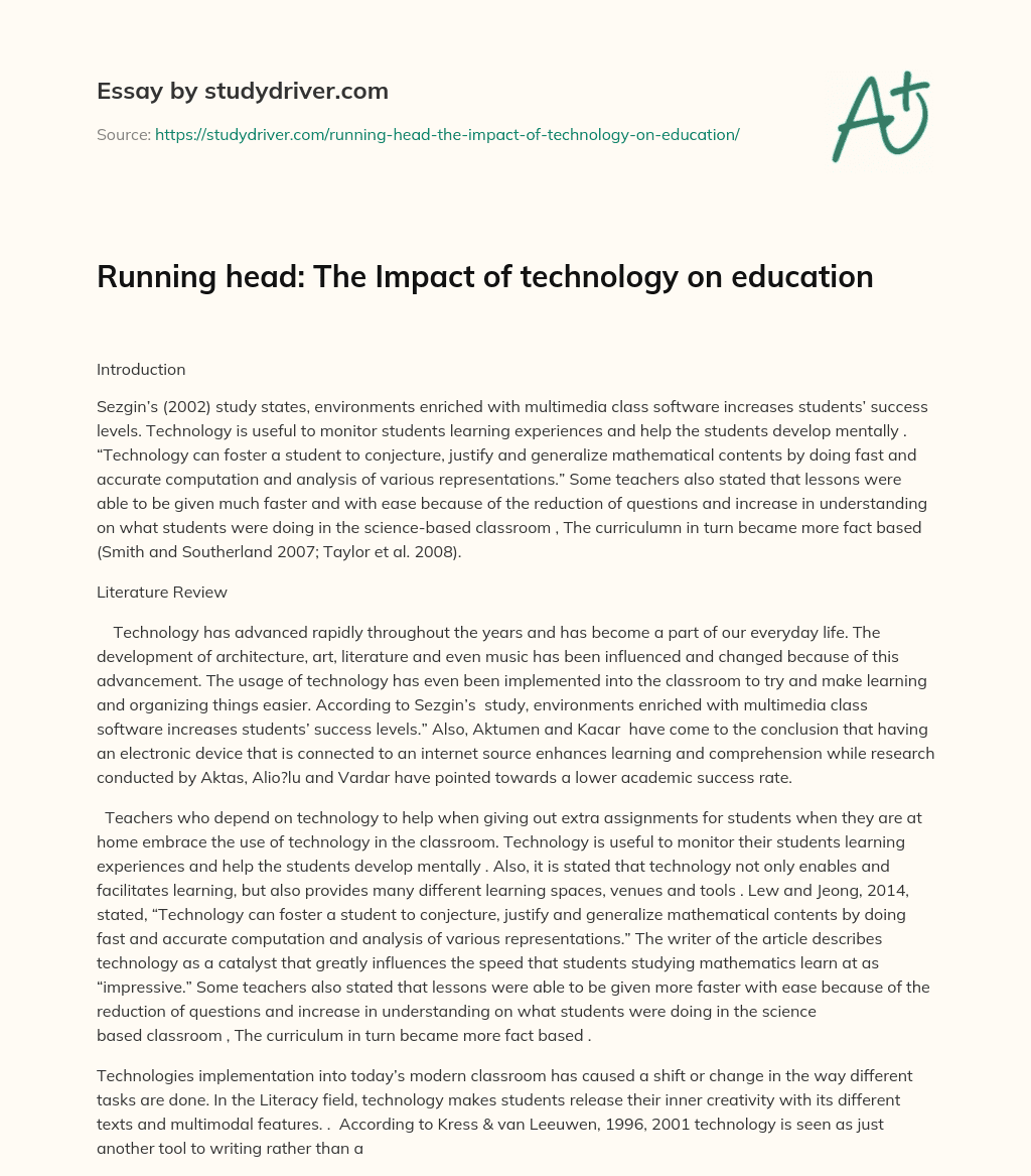 Running Head: the Impact of Technology on Education essay