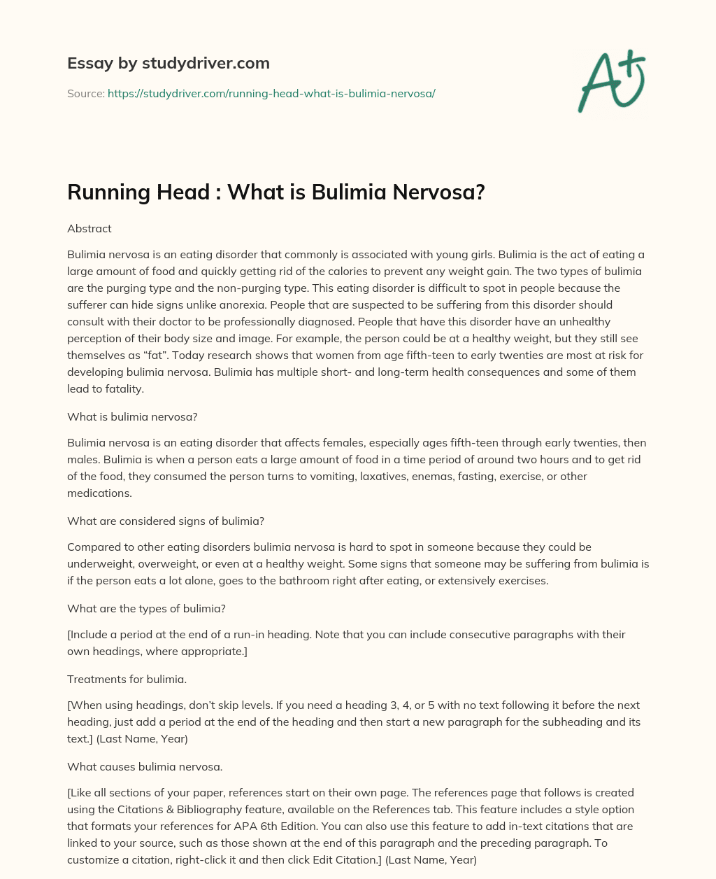 Running Head : what is Bulimia Nervosa? essay