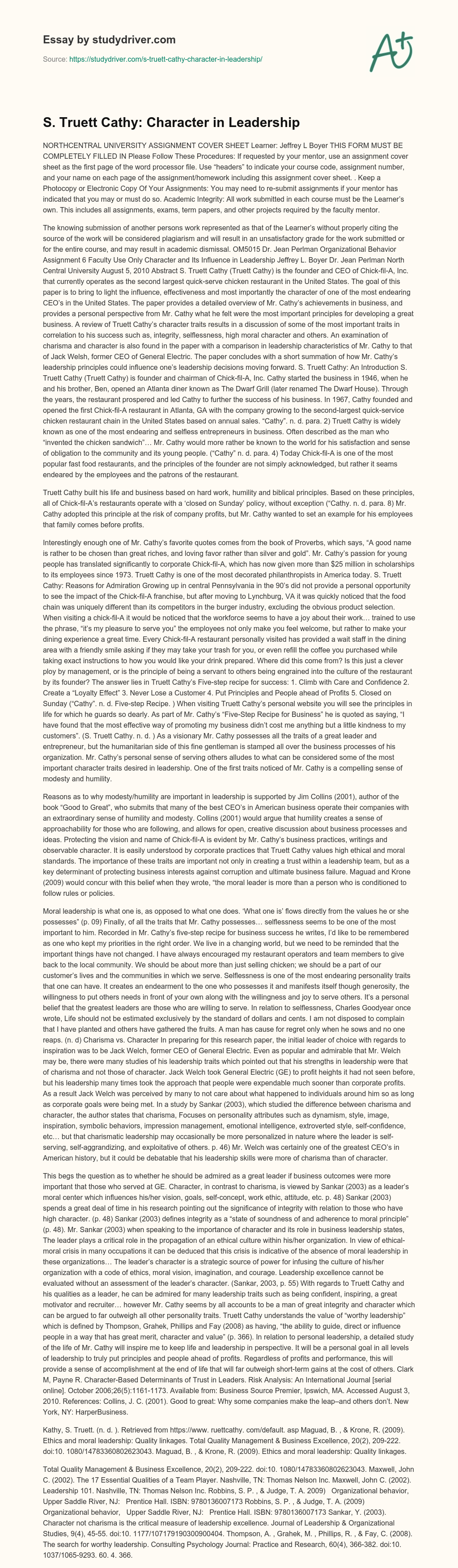 S. Truett Cathy: Character in Leadership essay