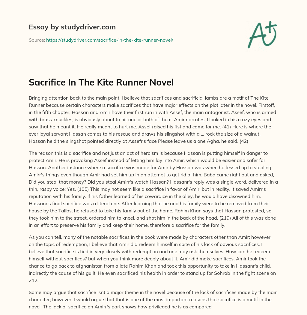 Sacrifice in the Kite Runner Novel essay