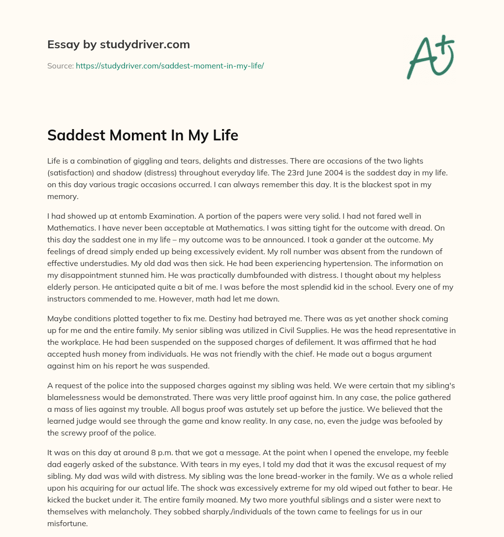 Saddest Moment in my Life essay