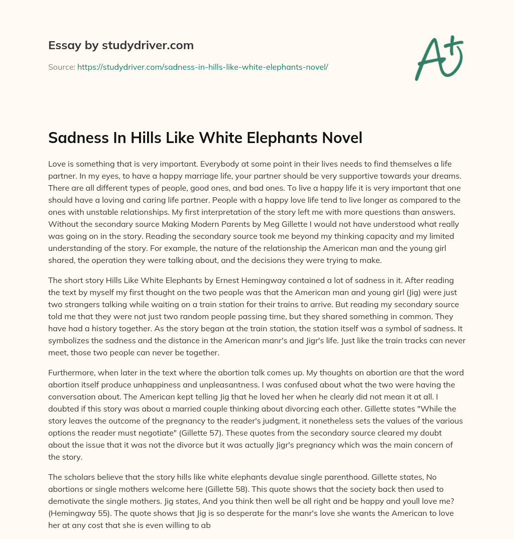 Sadness in Hills Like White Elephants Novel essay