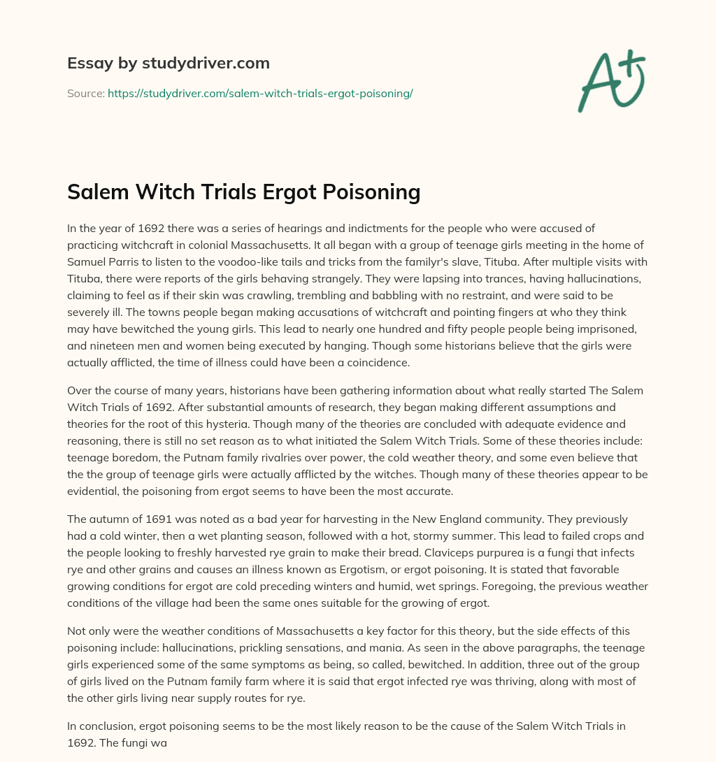 Salem Witch Trials Ergot Poisoning essay