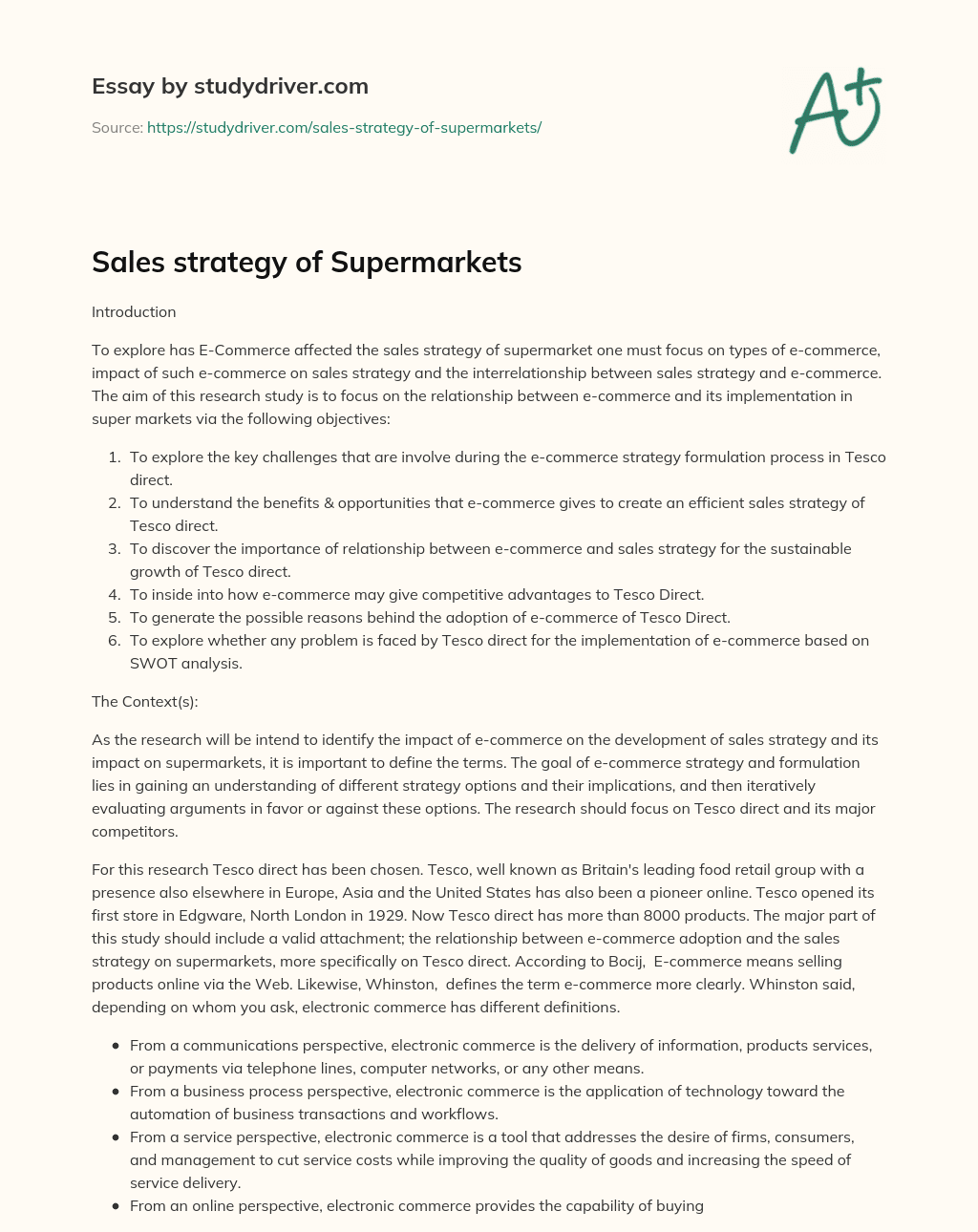 Sales Strategy of Supermarkets essay