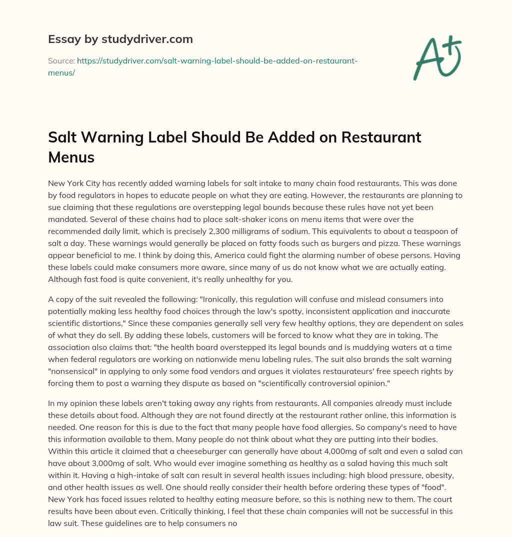 Salt Warning Label should be Added on Restaurant Menus essay