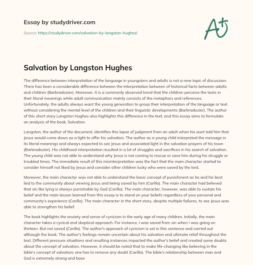 Salvation by Langston Hughes essay
