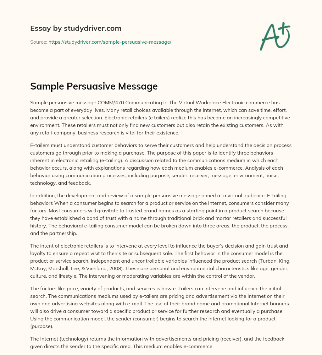Sample Persuasive Message essay