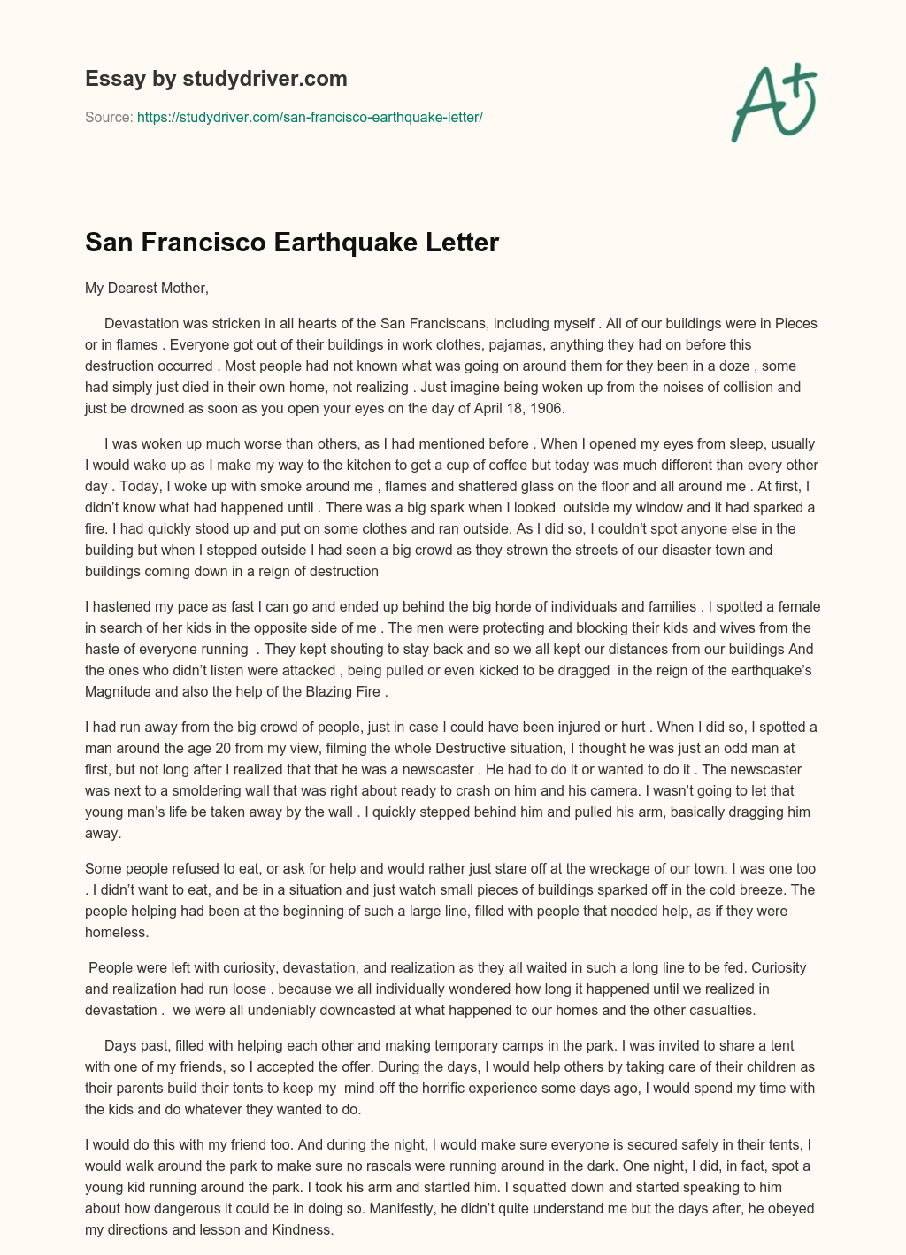 San Francisco Earthquake Letter essay