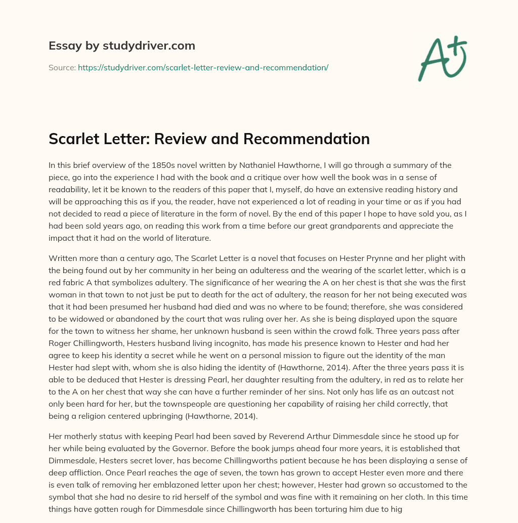 Scarlet Letter: Review and Recommendation essay